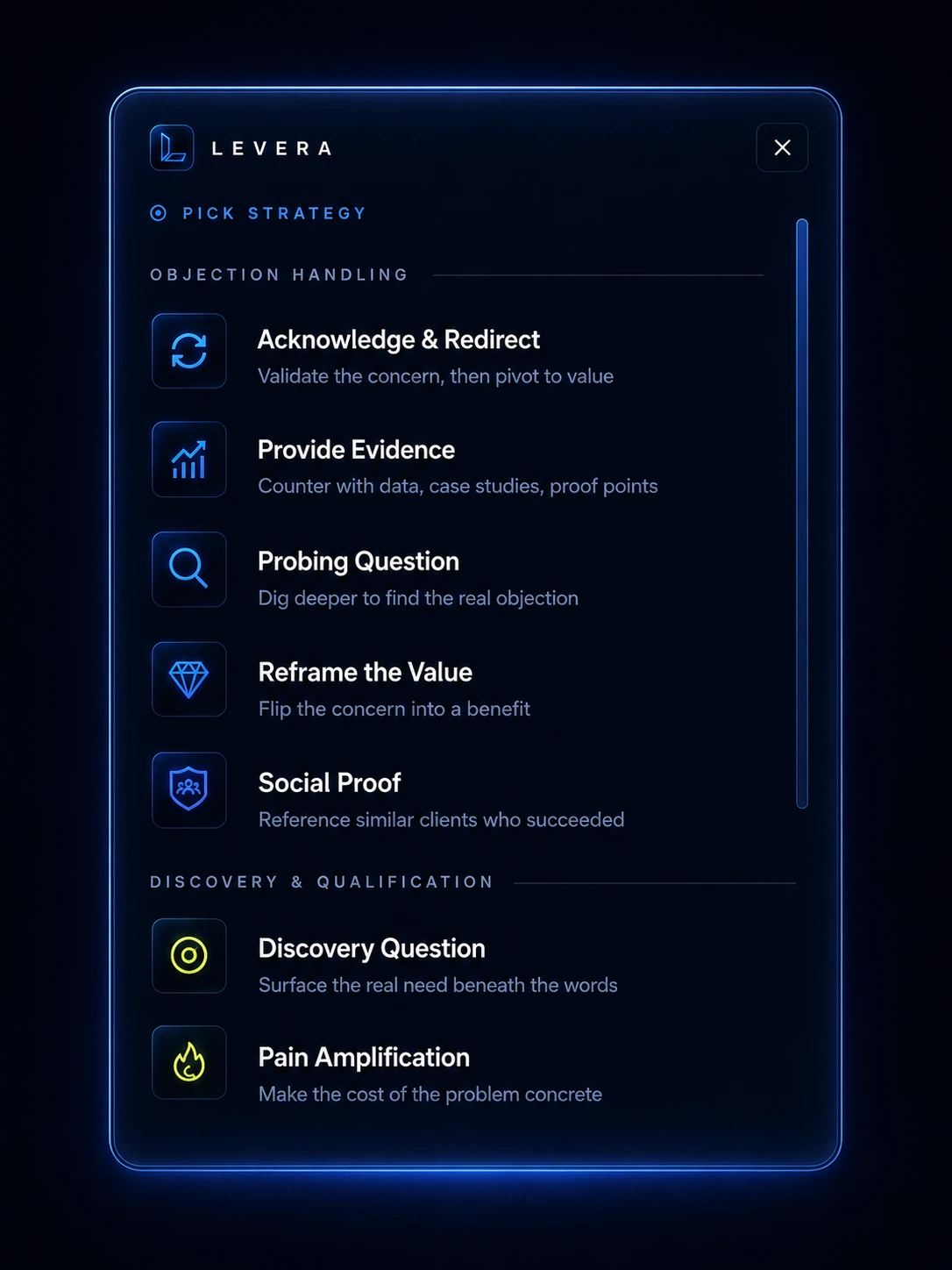 Objection handling strategies — instantly available — Levera product interface
